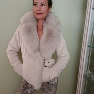 DEMFUR Women's Alpaca Jacket with Fox Fur Collar
